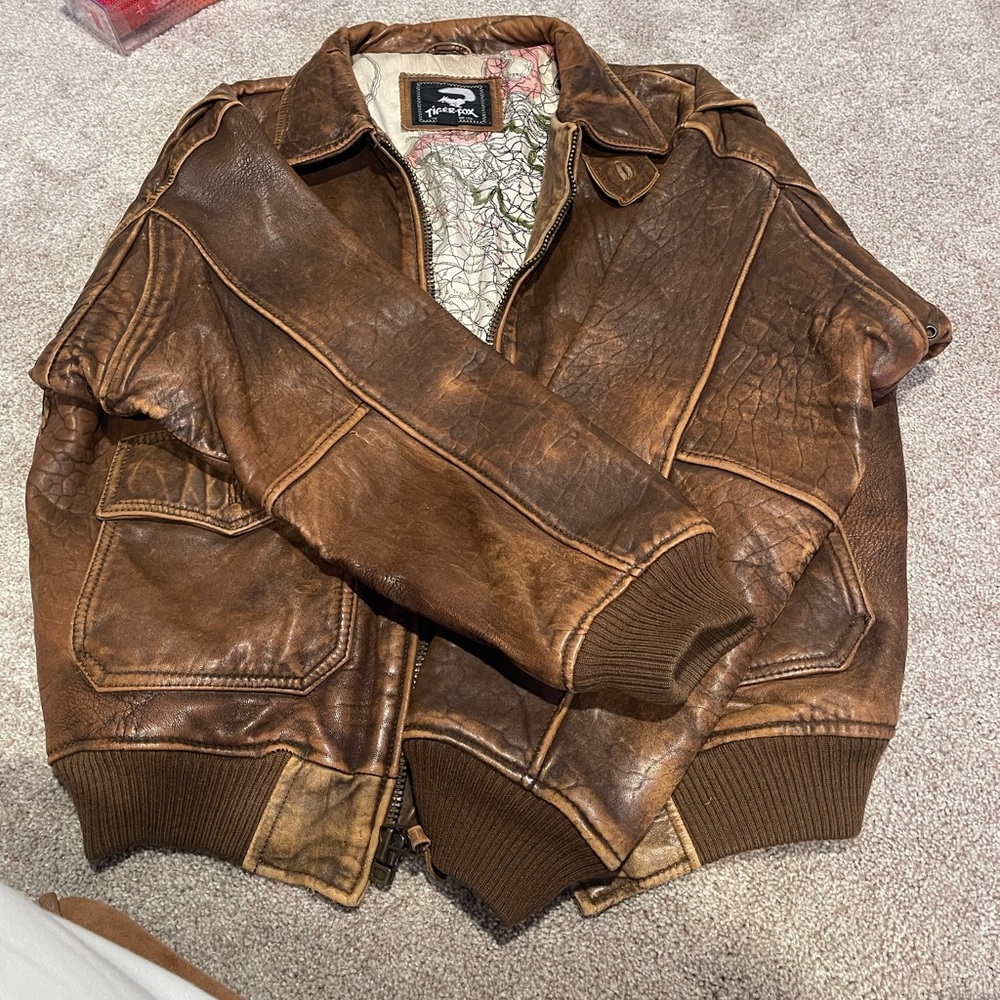 Vintage Brown Leather Tiger-Fox Bomber Jacket Size Medium